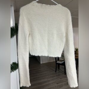 fuzzy off white long sleeve crop top cowl neck